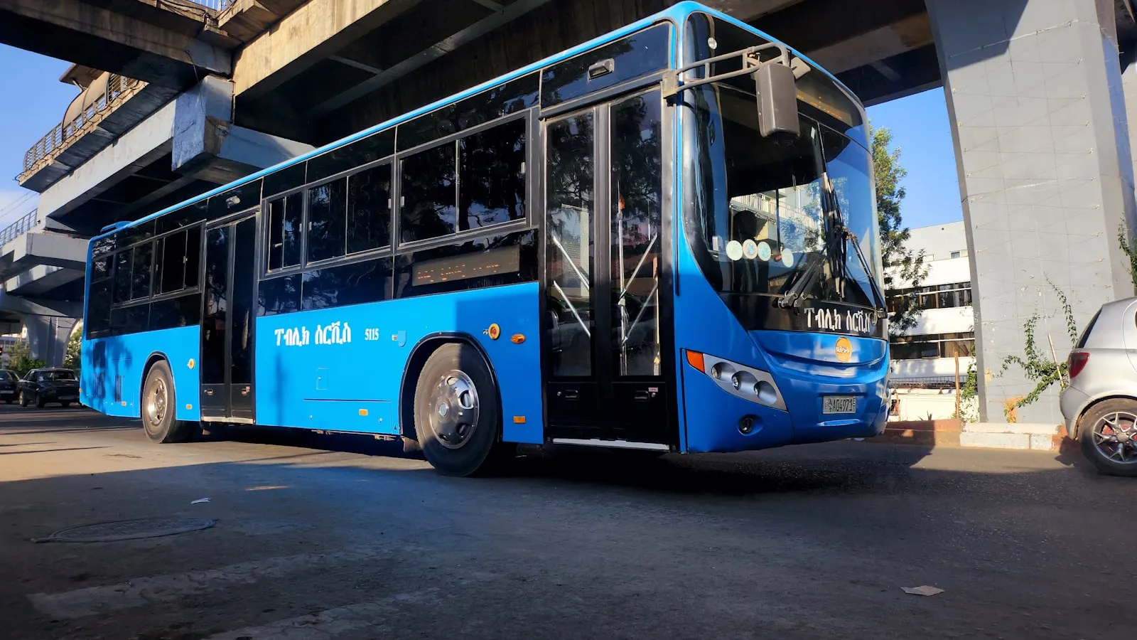 A blue articulated bus parked beneath an overpass